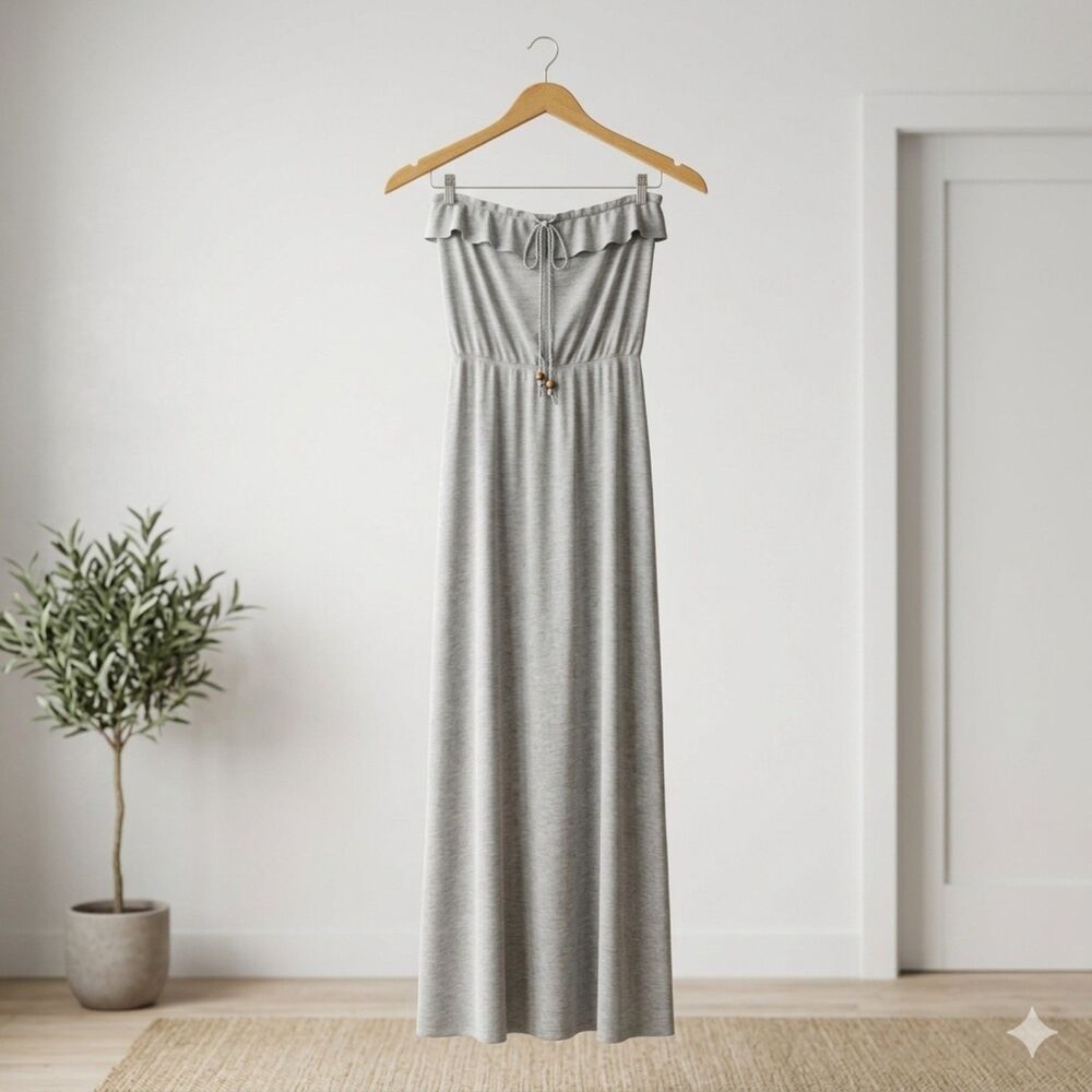 Vintage Forever 21 Grey Strapless Maxi Dress Size Small Ruffle Boho Y2K